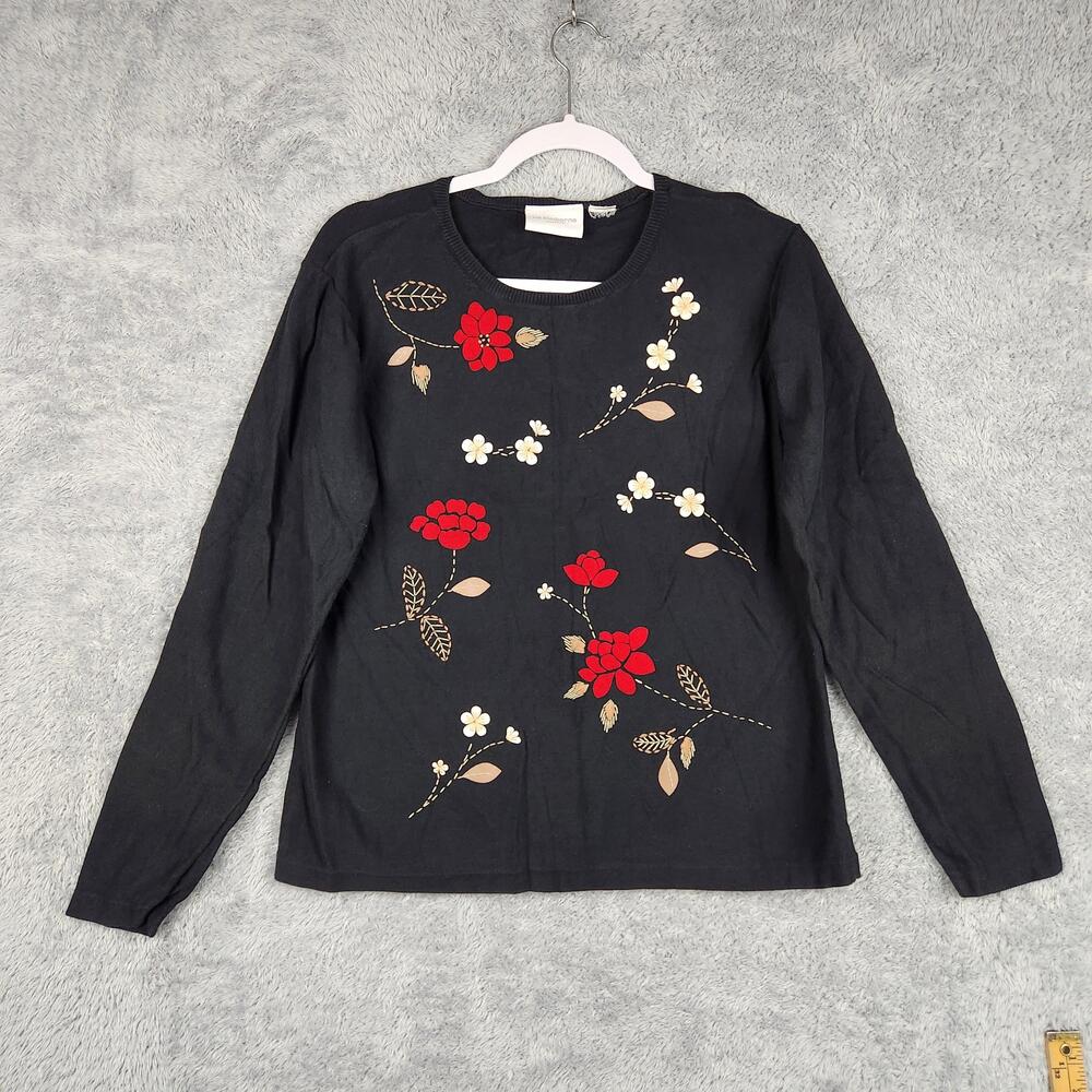Vintage Liz Claiborne Sweater Womens Large Black Floral Embroidered Fairy Boho